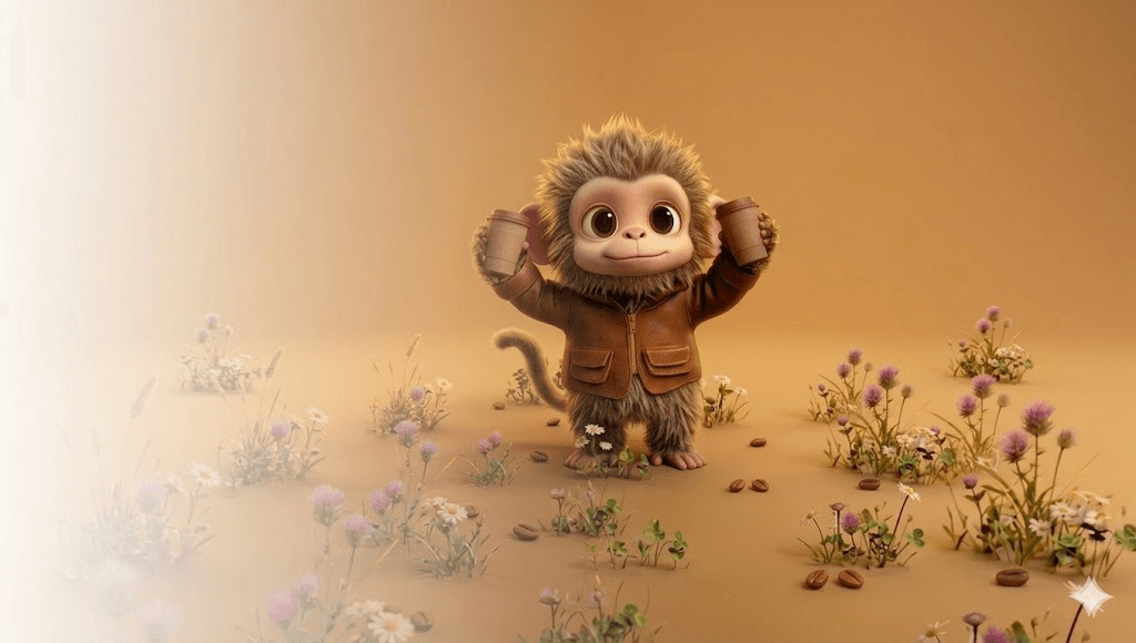 A friendly Raga mascot in a leather jacket holding two coffee cups in a meadow of wildflowers